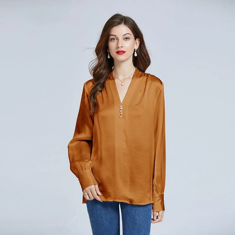 22Momme Elegant Womens Silk Blouse Crystal Buckle Silk Shirts Long Sleeves V-Neck Silk Top