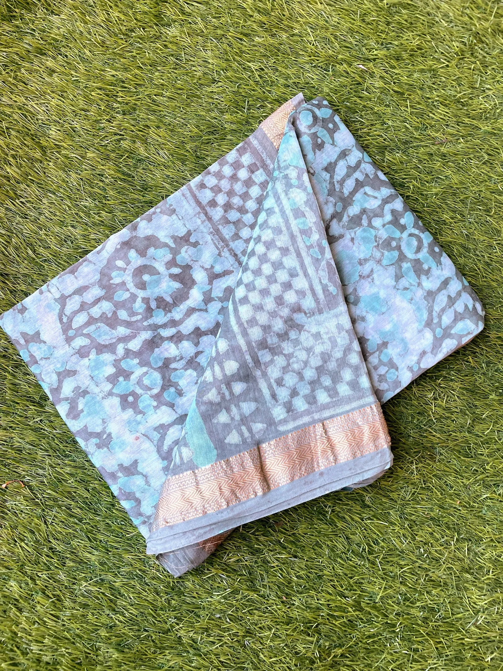 Aqua & Grey Maheshwari Block print