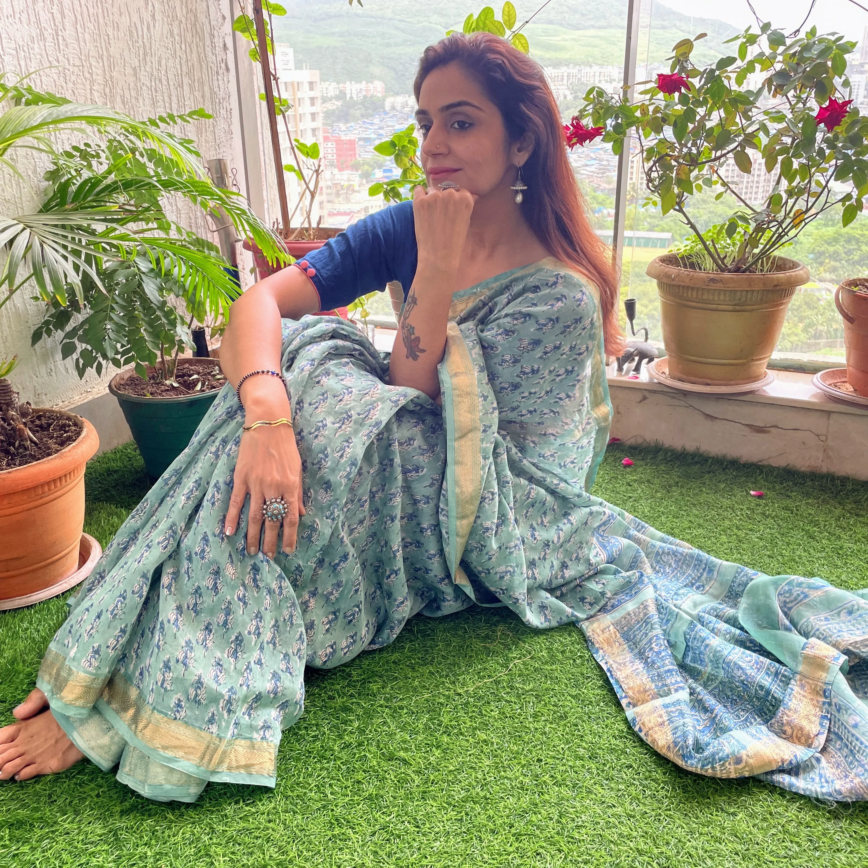 Aqua Maheshwari Block print