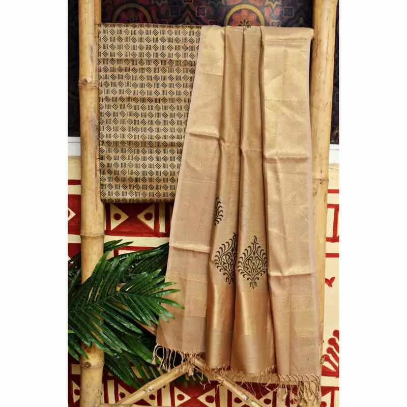Beige Block Printed Maheshwari Silk Two Piece Set