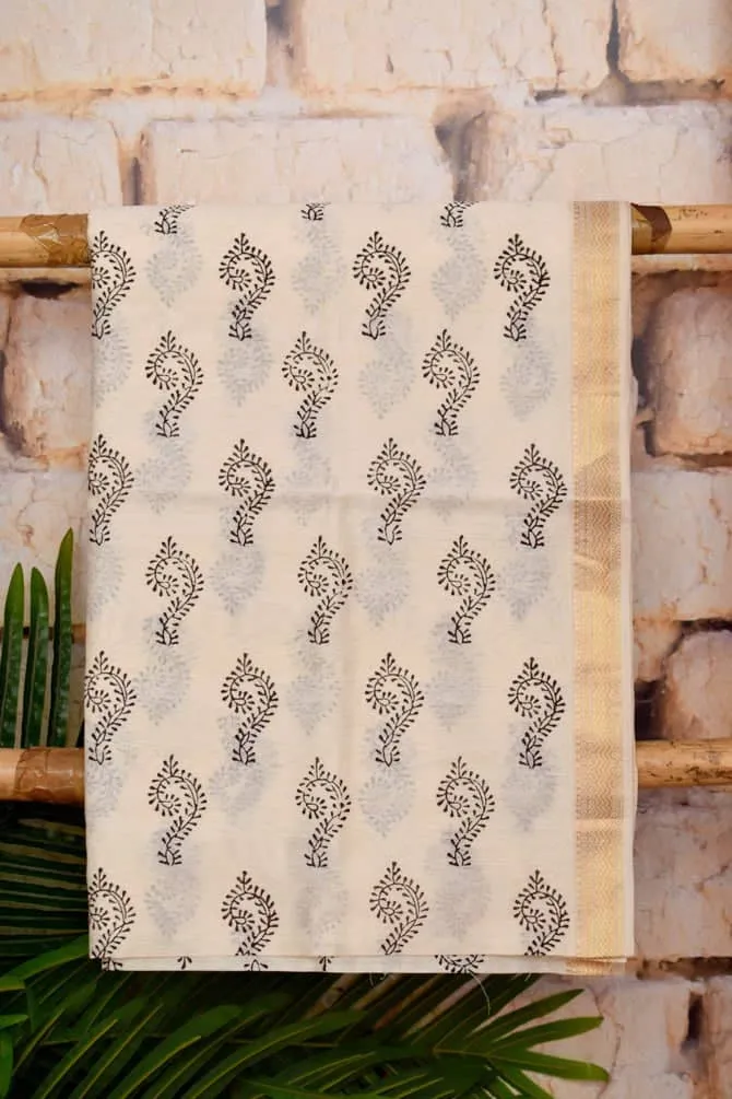 Cream Handloom Maheshwari Silk Set with Handblock Print