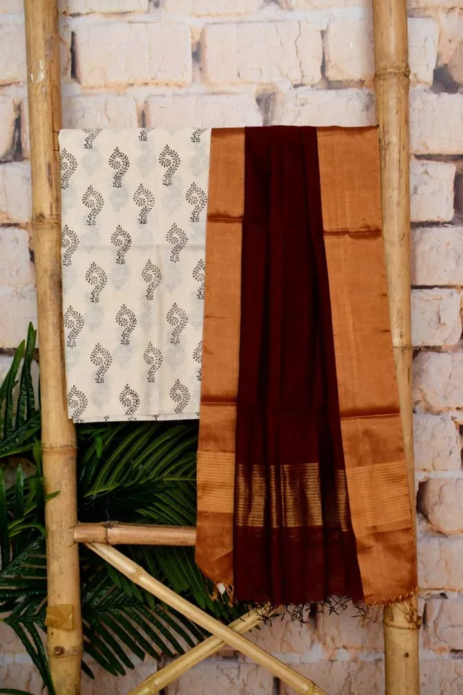 Cream Handloom Maheshwari Silk Set with Handblock Print