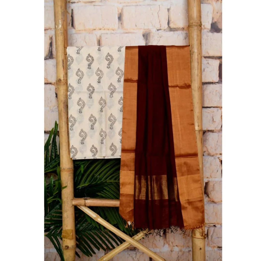 Cream Handloom Maheshwari Silk Set with Handblock Print