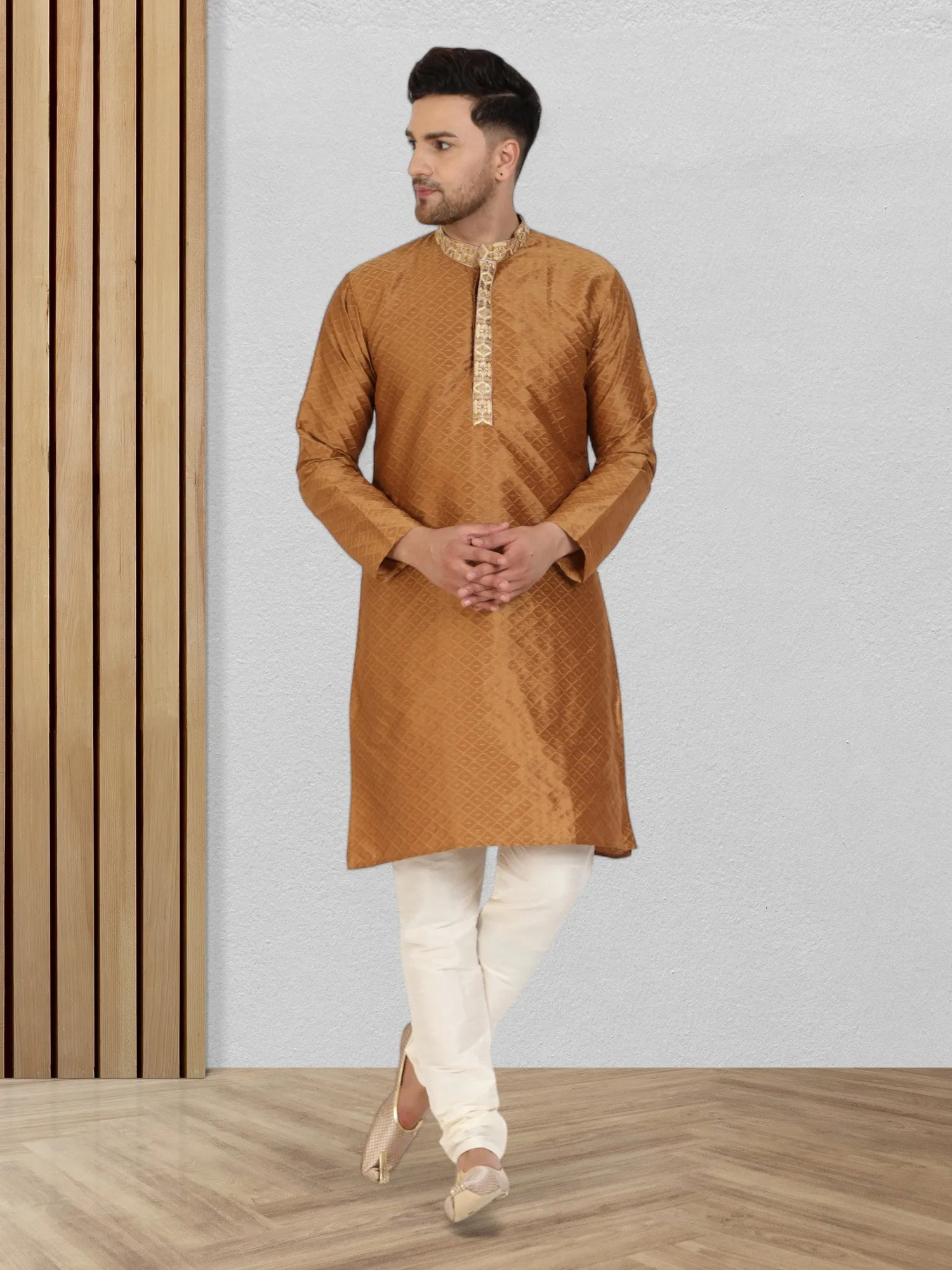 Men's Art Silk Kurta Pajama Indian Traditional Wedding Party Festive Season Dress Set Brown