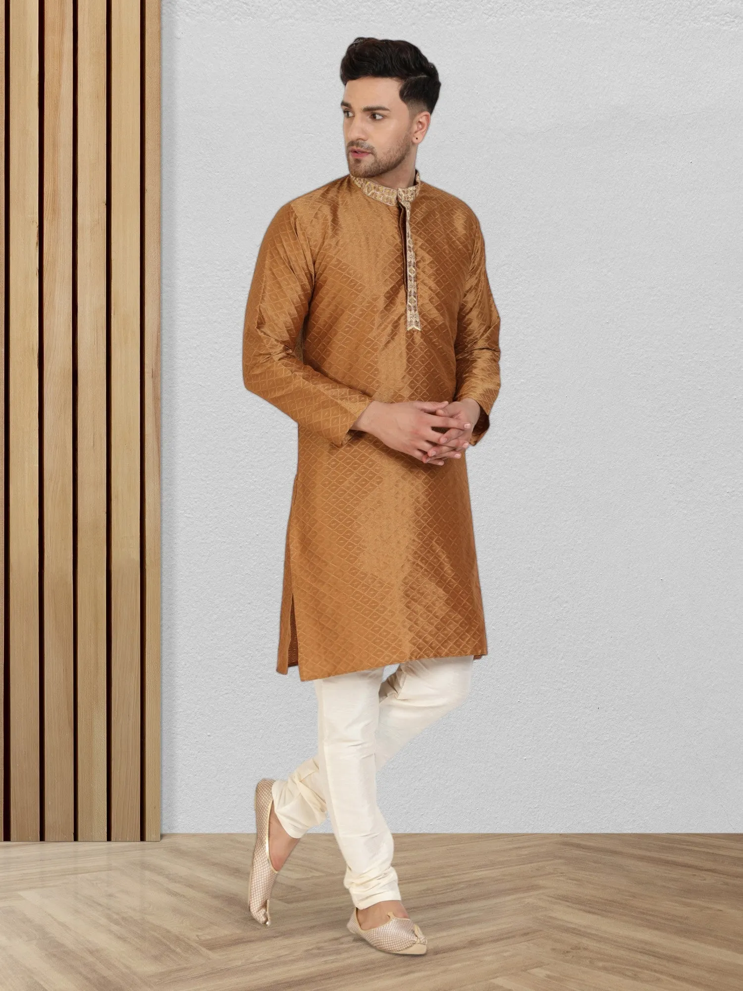 Men's Art Silk Kurta Pajama Indian Traditional Wedding Party Festive Season Dress Set Brown