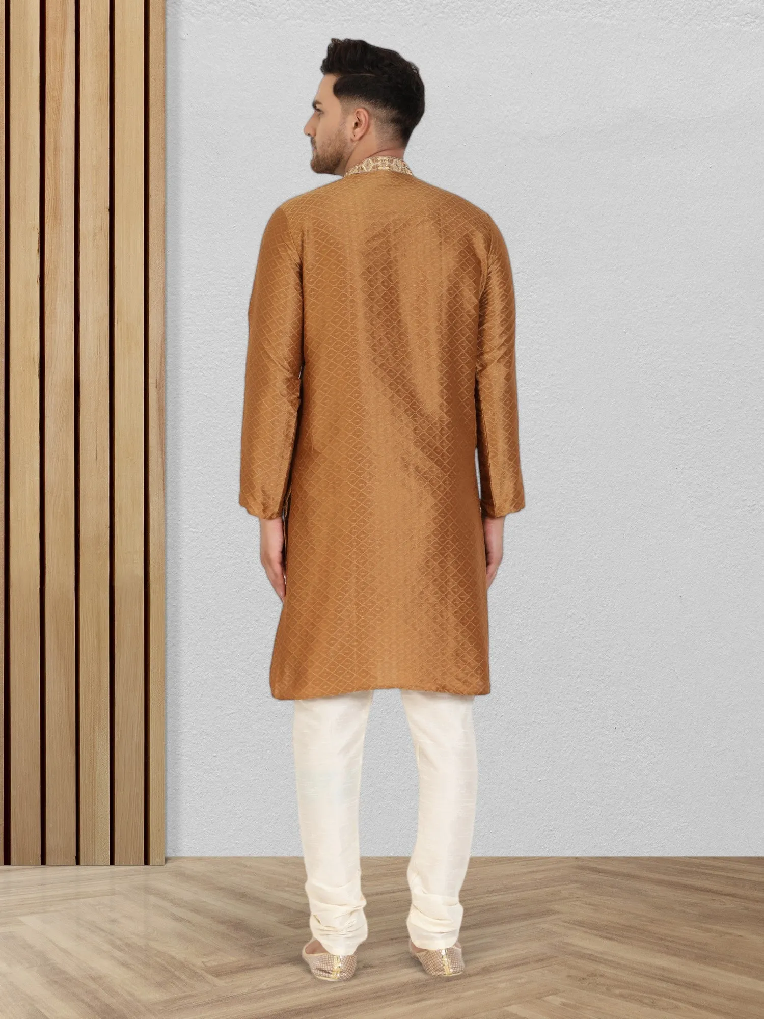 Men's Art Silk Kurta Pajama Indian Traditional Wedding Party Festive Season Dress Set Brown