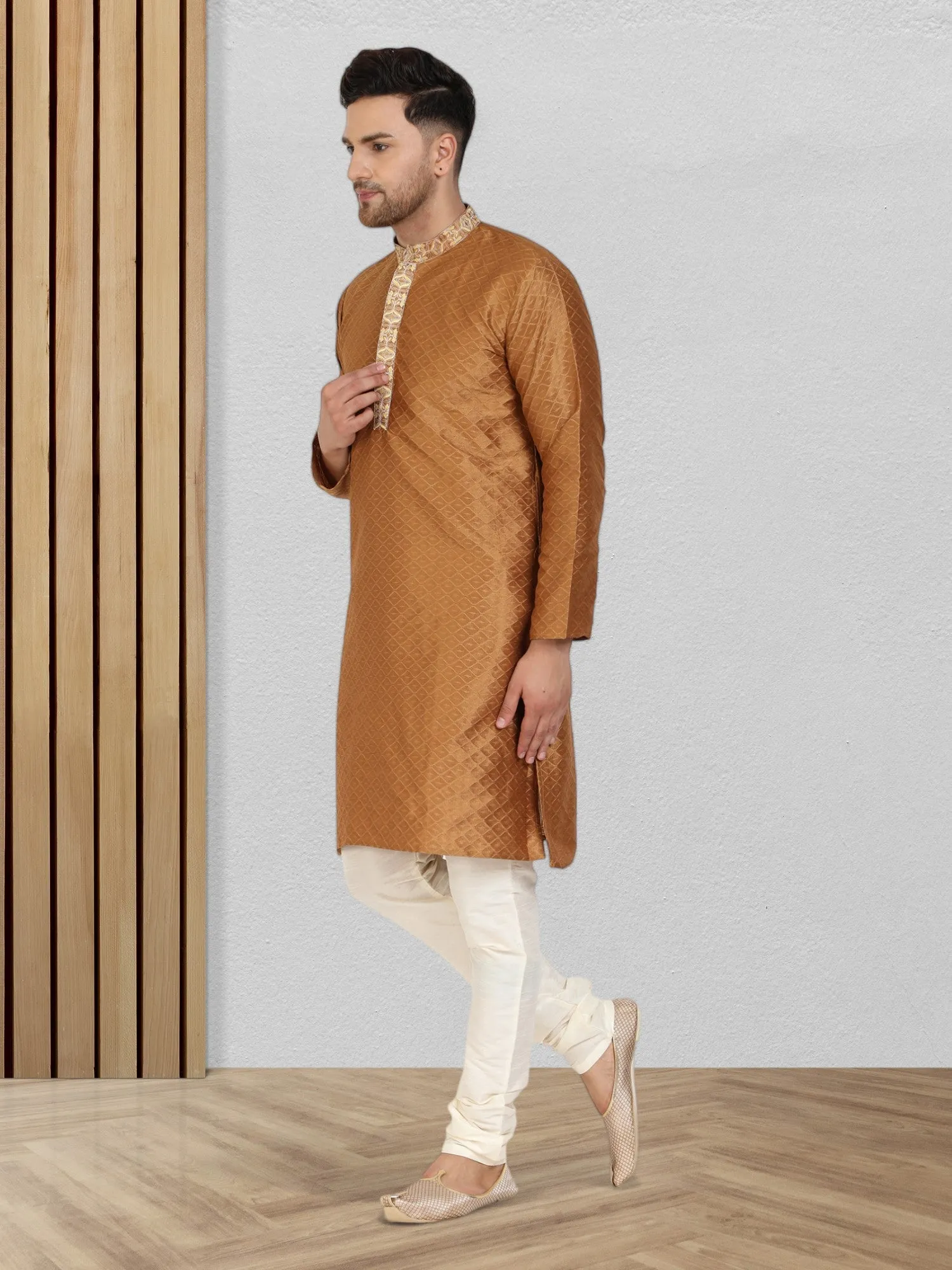 Men's Art Silk Kurta Pajama Indian Traditional Wedding Party Festive Season Dress Set Brown