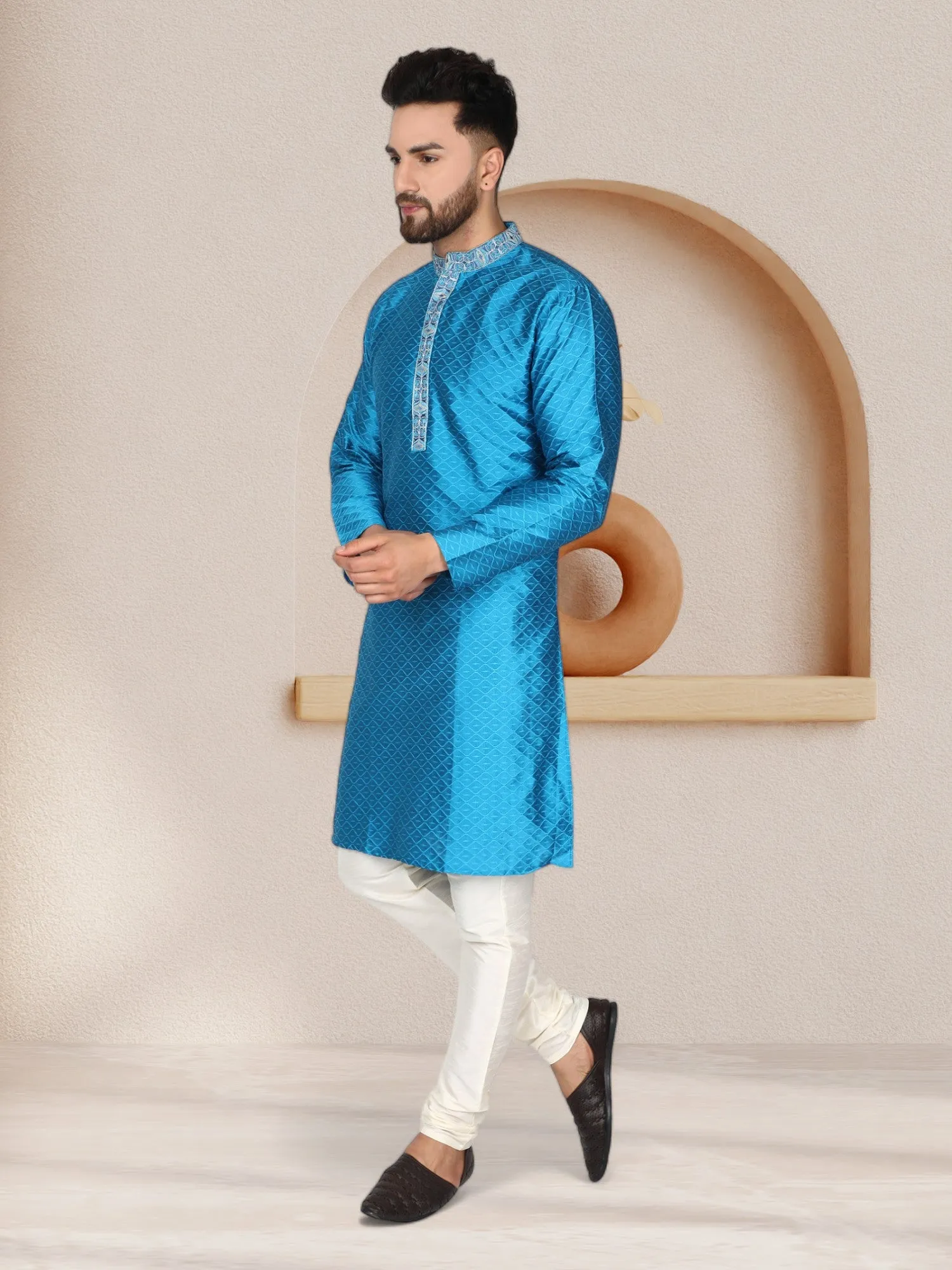 Men's Art Silk Kurta Pajama Indian Traditional Wedding Party Festive Season Dress Set Turquoise