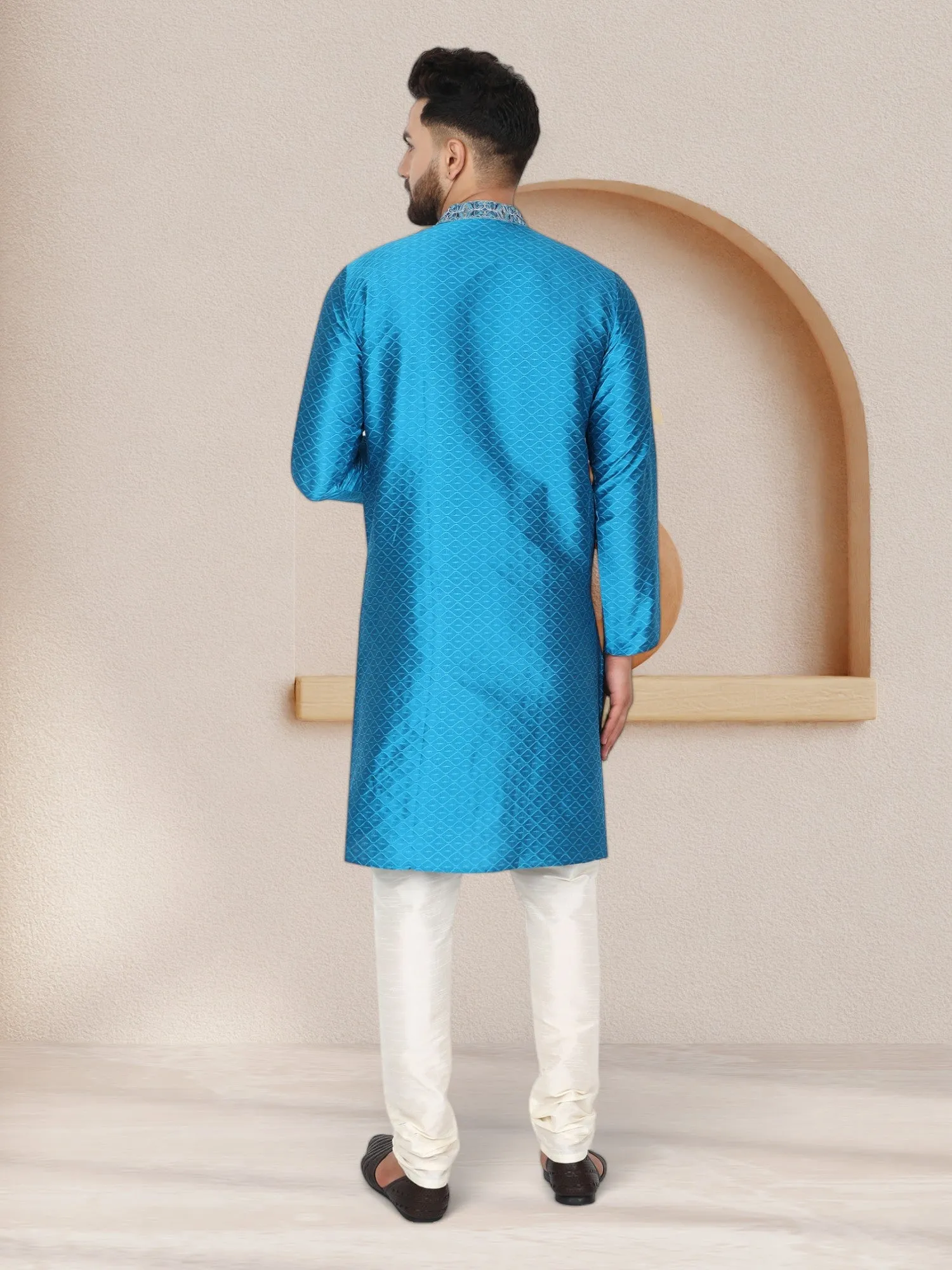 Men's Art Silk Kurta Pajama Indian Traditional Wedding Party Festive Season Dress Set Turquoise