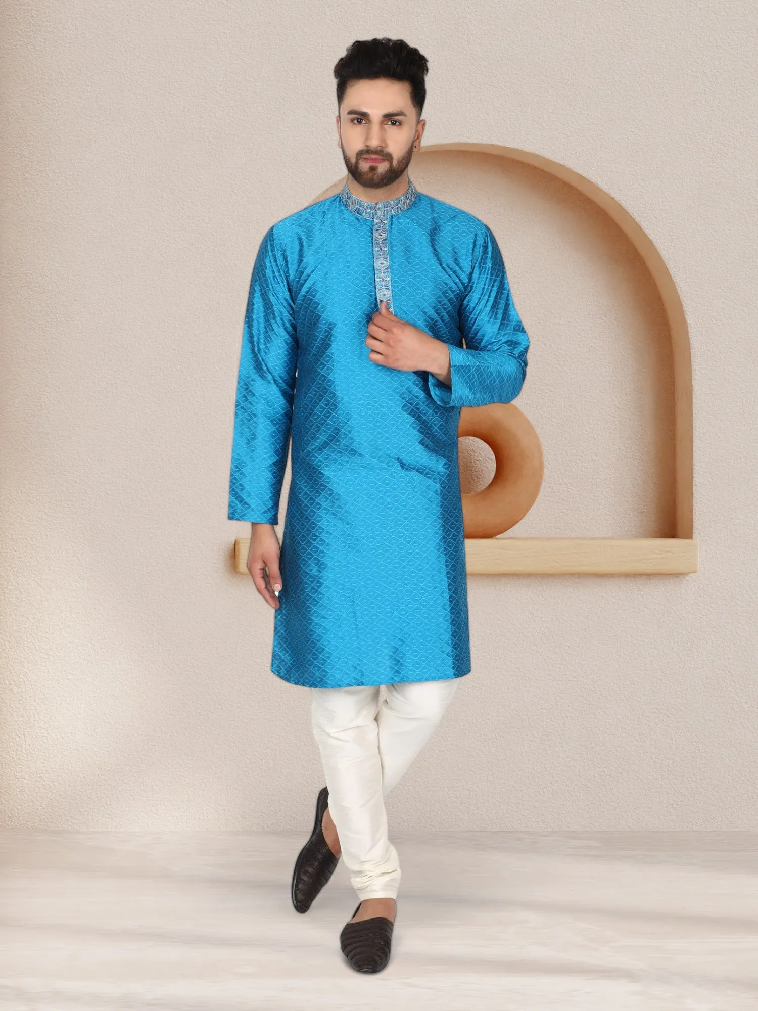 Men's Art Silk Kurta Pajama Indian Traditional Wedding Party Festive Season Dress Set Turquoise