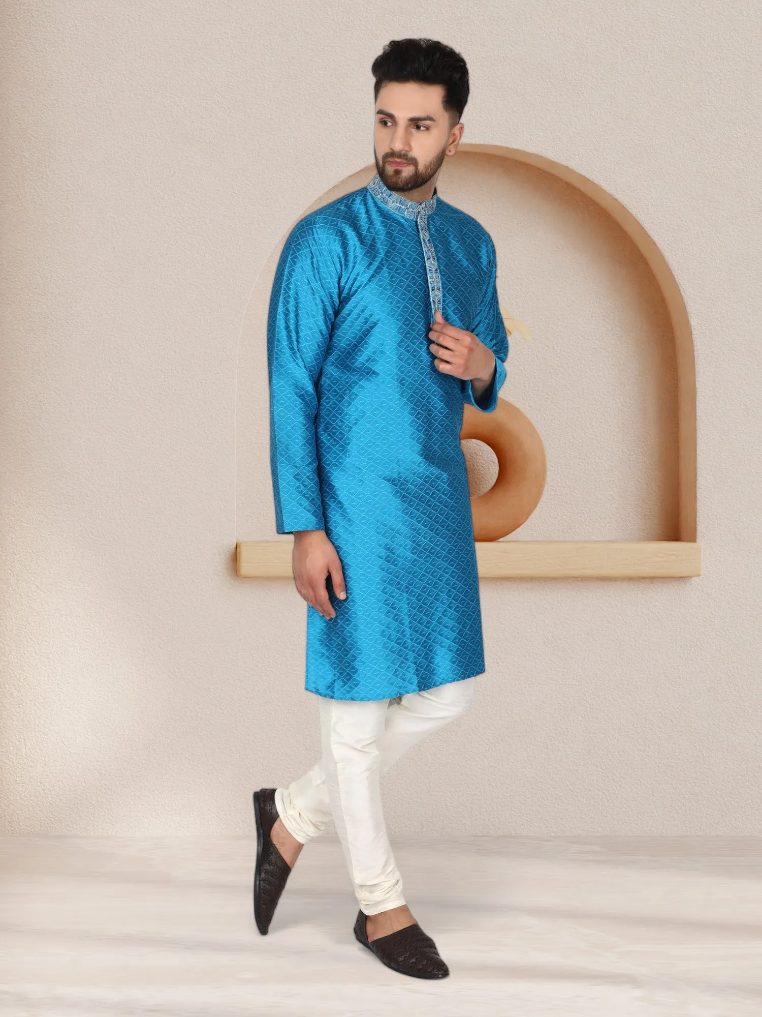 Men's Art Silk Kurta Pajama Indian Traditional Wedding Party Festive Season Dress Set Turquoise