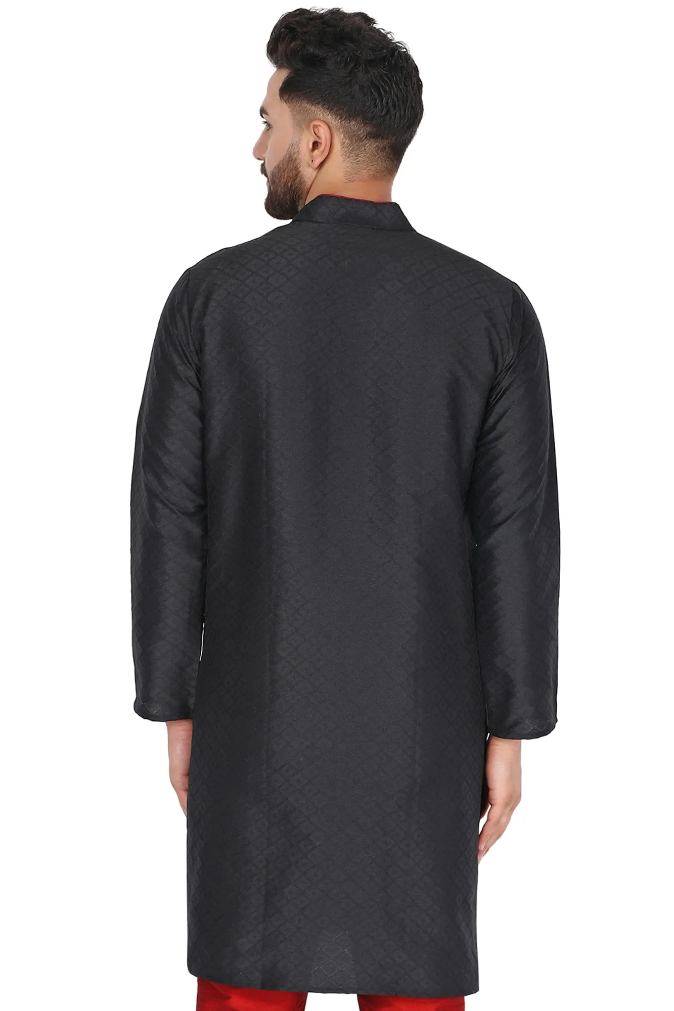 Men's Indian Art Silk Kurta Casual Long Shirt Black