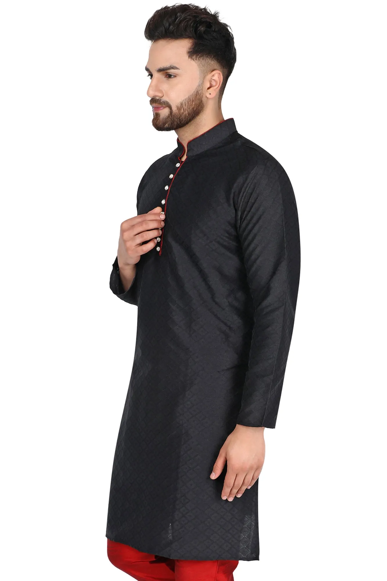 Men's Indian Art Silk Kurta Casual Long Shirt Black