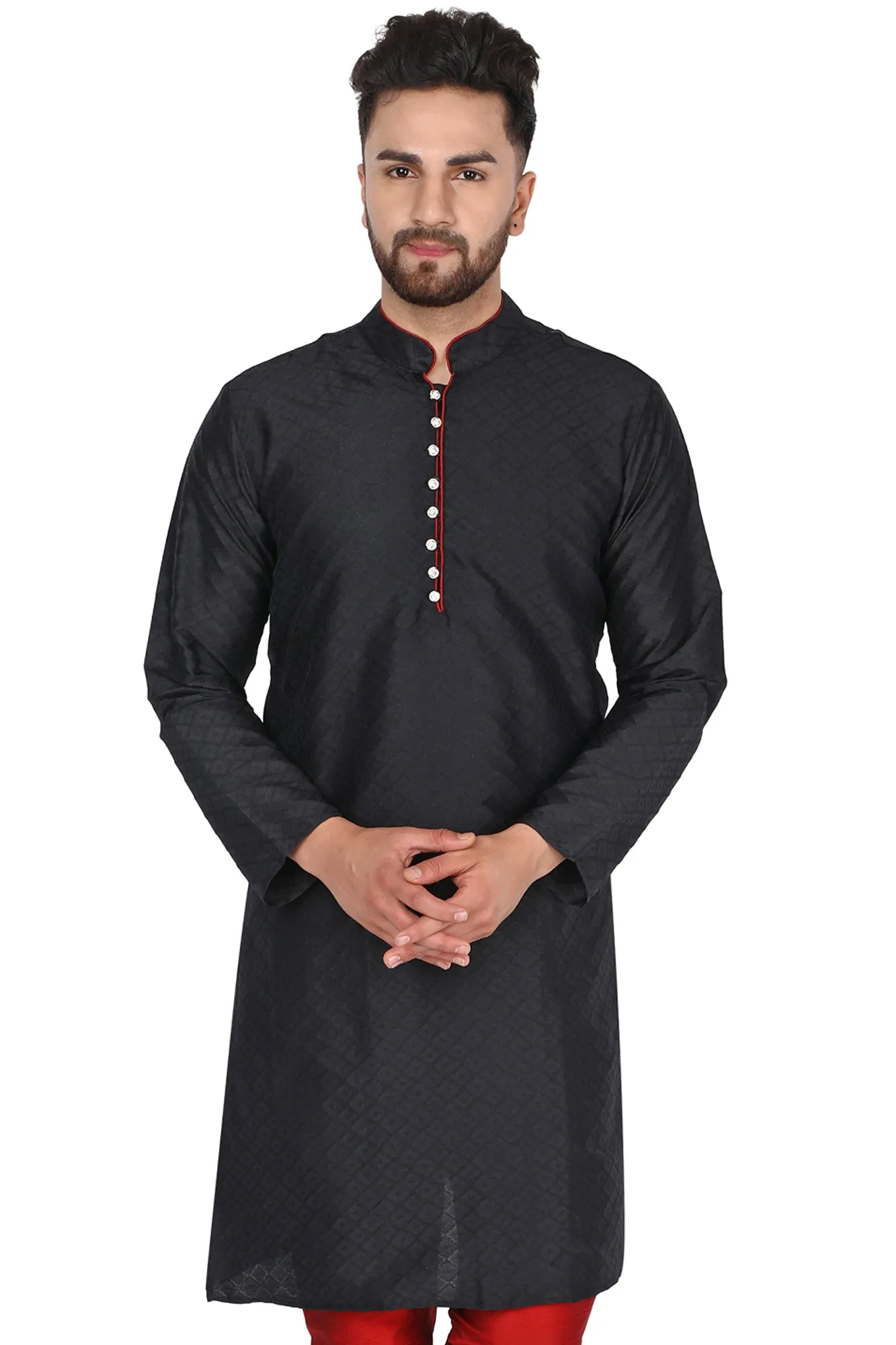 Men's Indian Art Silk Kurta Casual Long Shirt Black