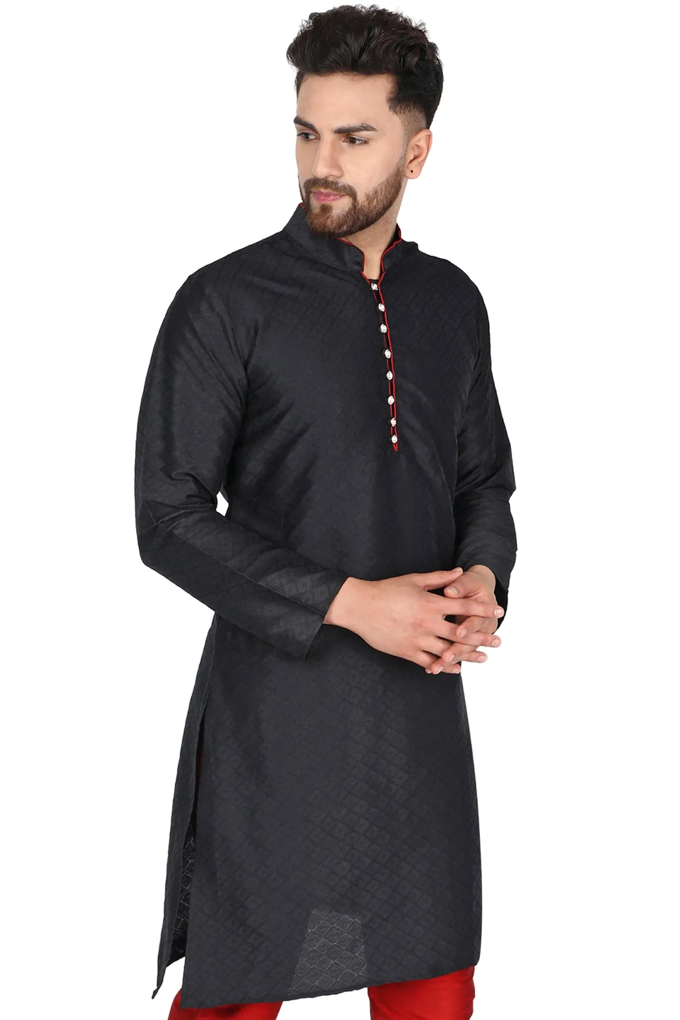 Men's Indian Art Silk Kurta Casual Long Shirt Black