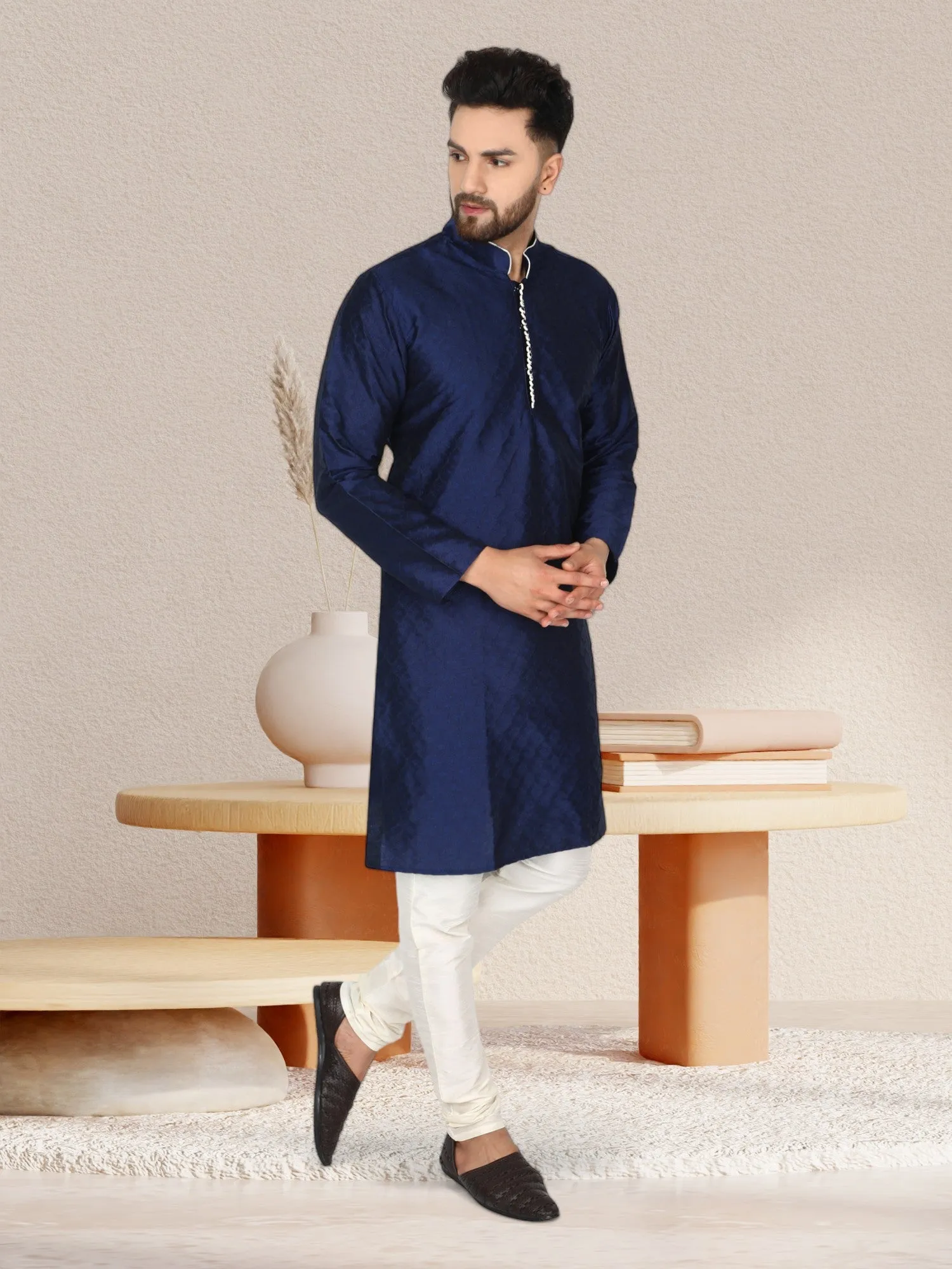 Men's Tunic Indian Art Silk Kurta Pajama Wedding Party Festive Season Dress Set Blue