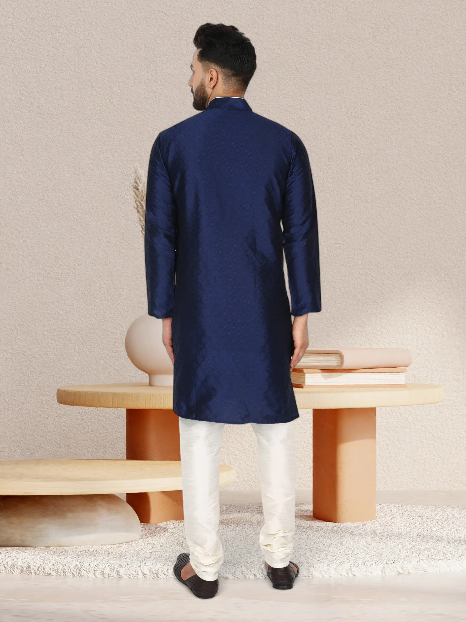 Men's Tunic Indian Art Silk Kurta Pajama Wedding Party Festive Season Dress Set Blue