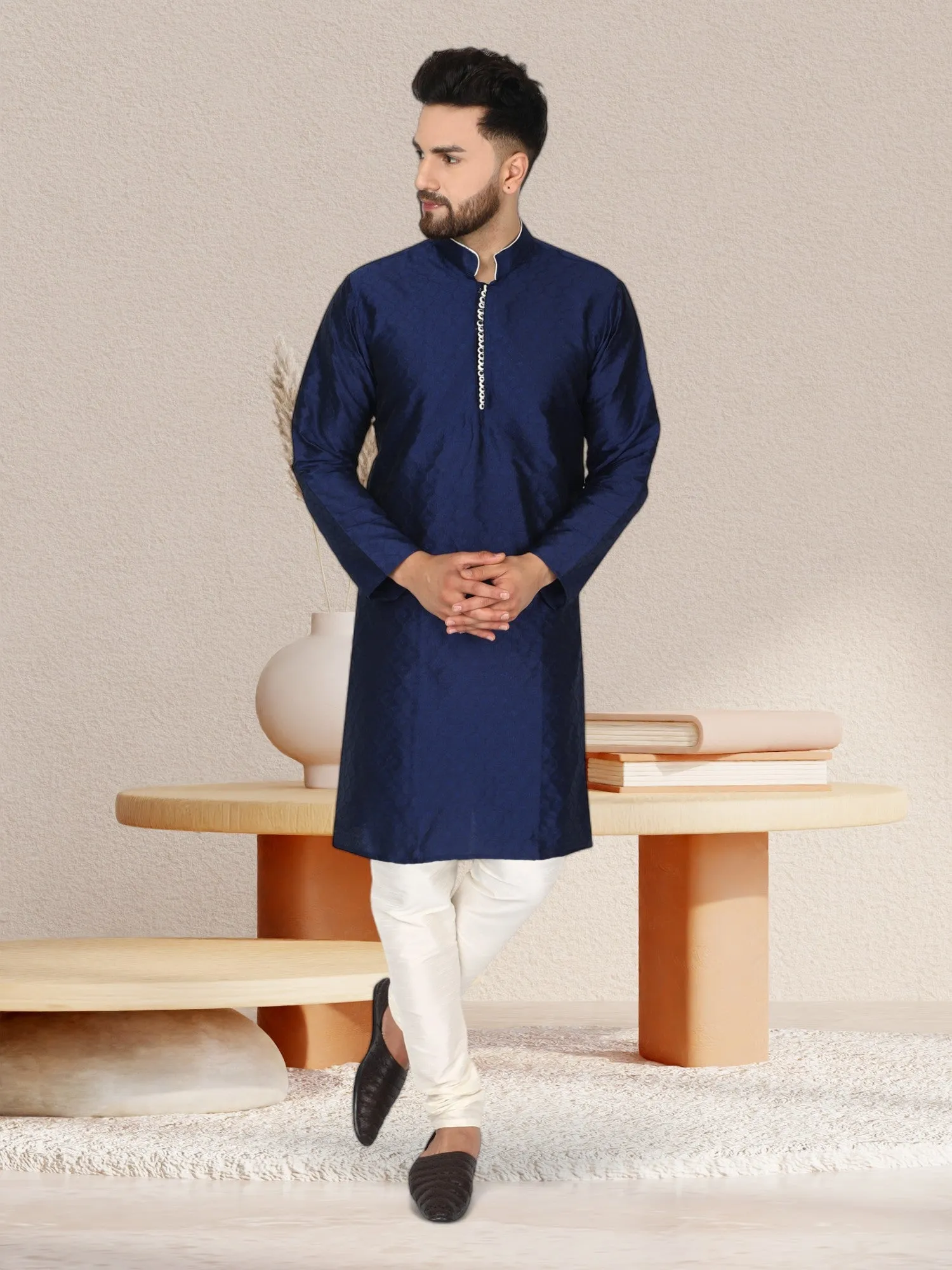 Men's Tunic Indian Art Silk Kurta Pajama Wedding Party Festive Season Dress Set Blue