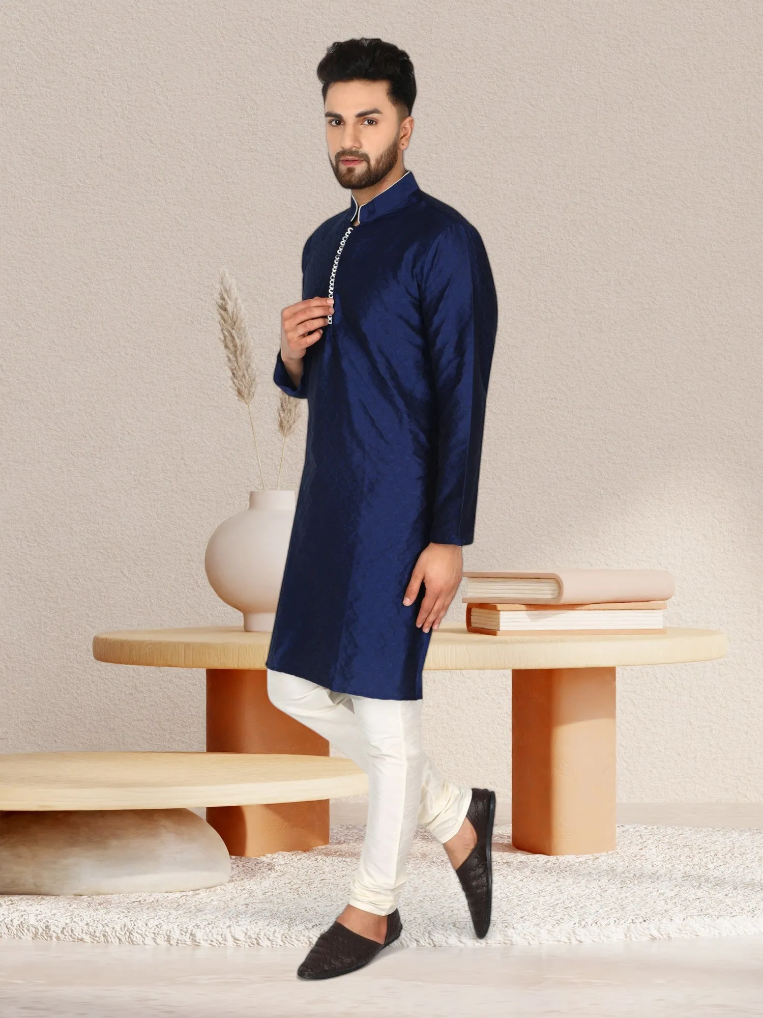 Men's Tunic Indian Art Silk Kurta Pajama Wedding Party Festive Season Dress Set Blue