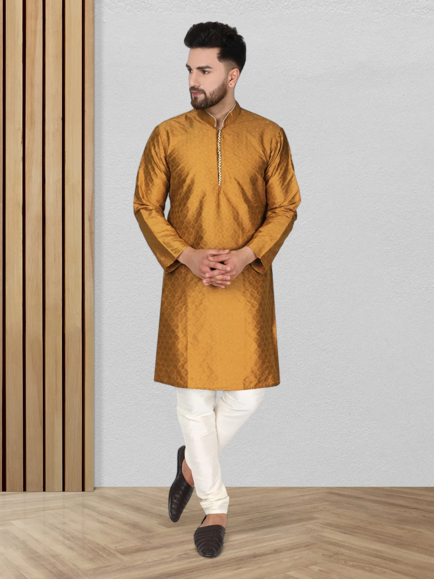 Men's Tunic Indian Art Silk Kurta Pajama Wedding Party Festive Season Dress Set Brown