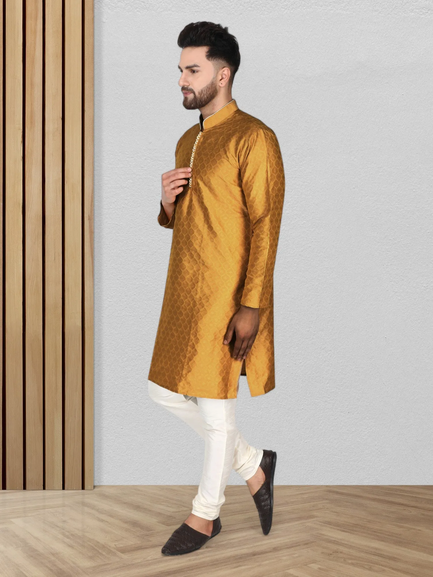 Men's Tunic Indian Art Silk Kurta Pajama Wedding Party Festive Season Dress Set Brown
