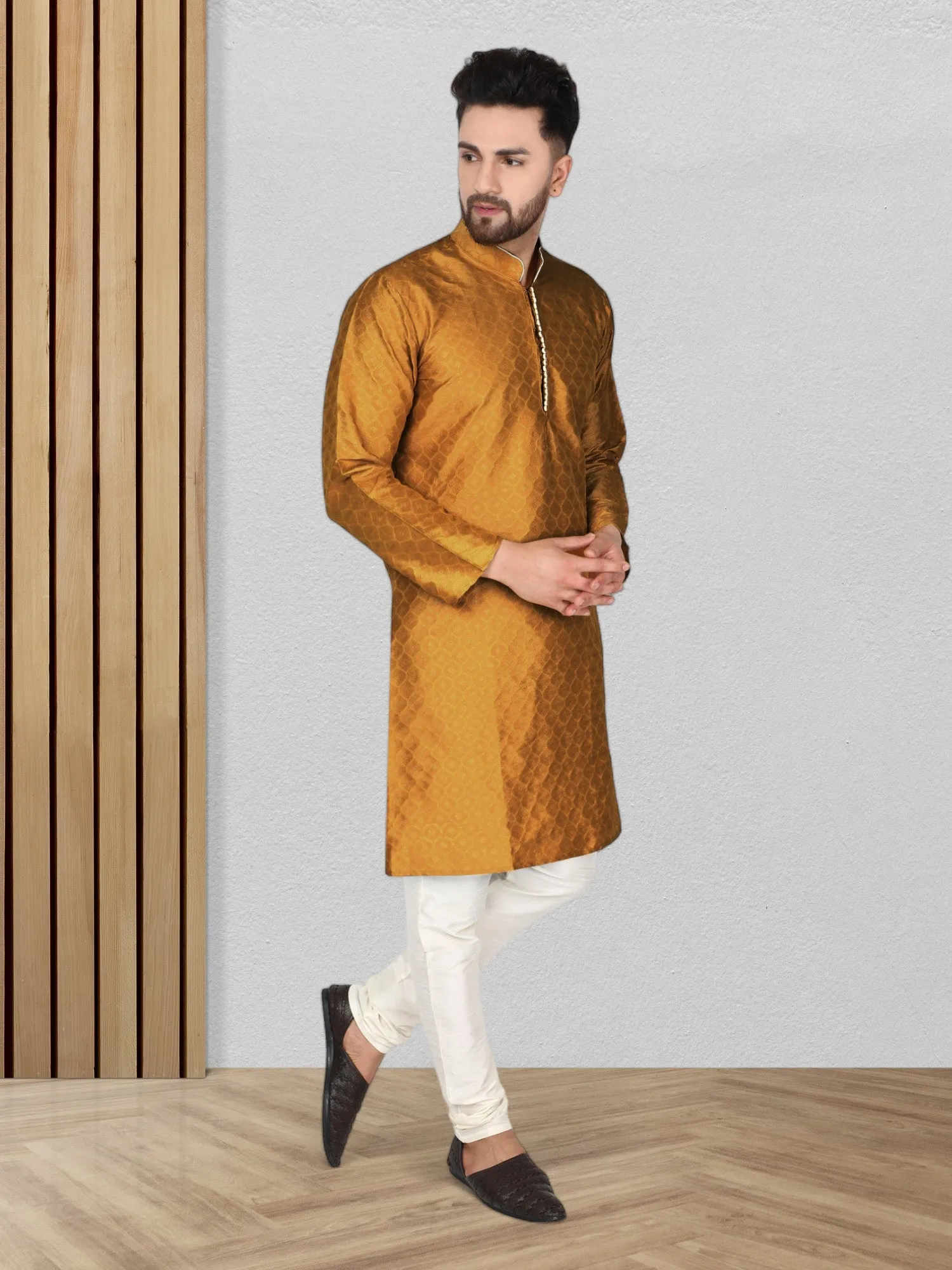 Men's Tunic Indian Art Silk Kurta Pajama Wedding Party Festive Season Dress Set Brown