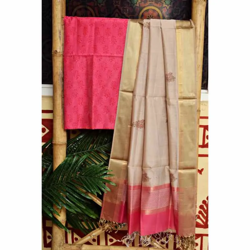 Pink Block Printed Maheshwari Silk Two Piece Set