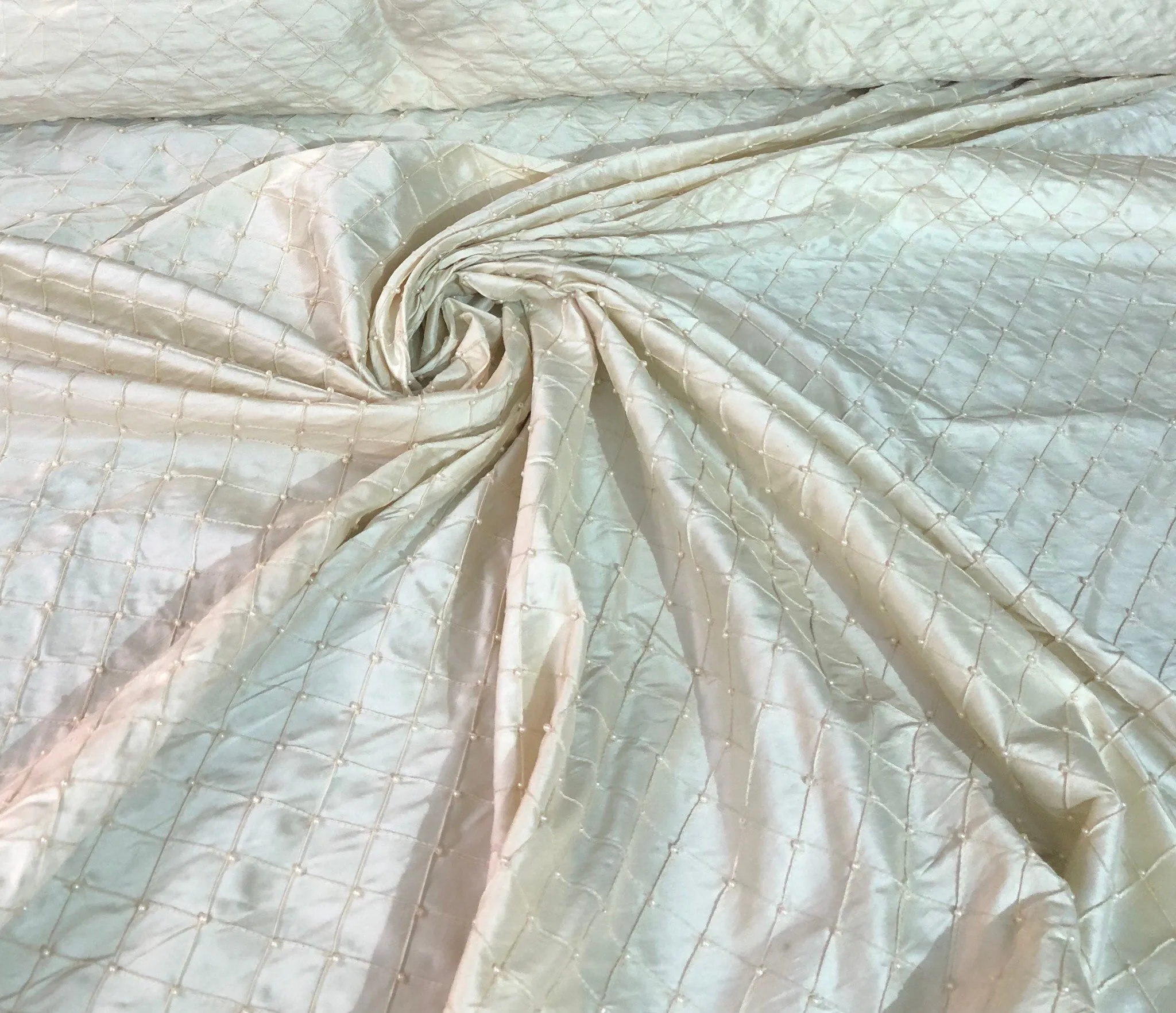 Silk shantung 52&quot; wide   Beautiful ivory diagonal pintuck with embroidered pearl shantung fabric sold by the yard