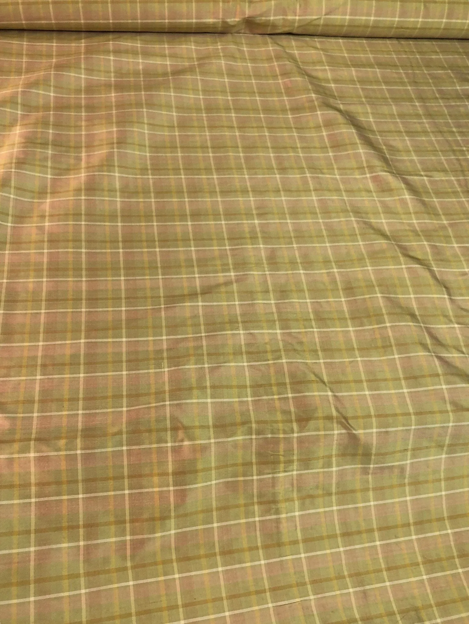 Silk shantung plaid 54&quot; wide   Beautiful tan pink shades     Fabric sold by the yard