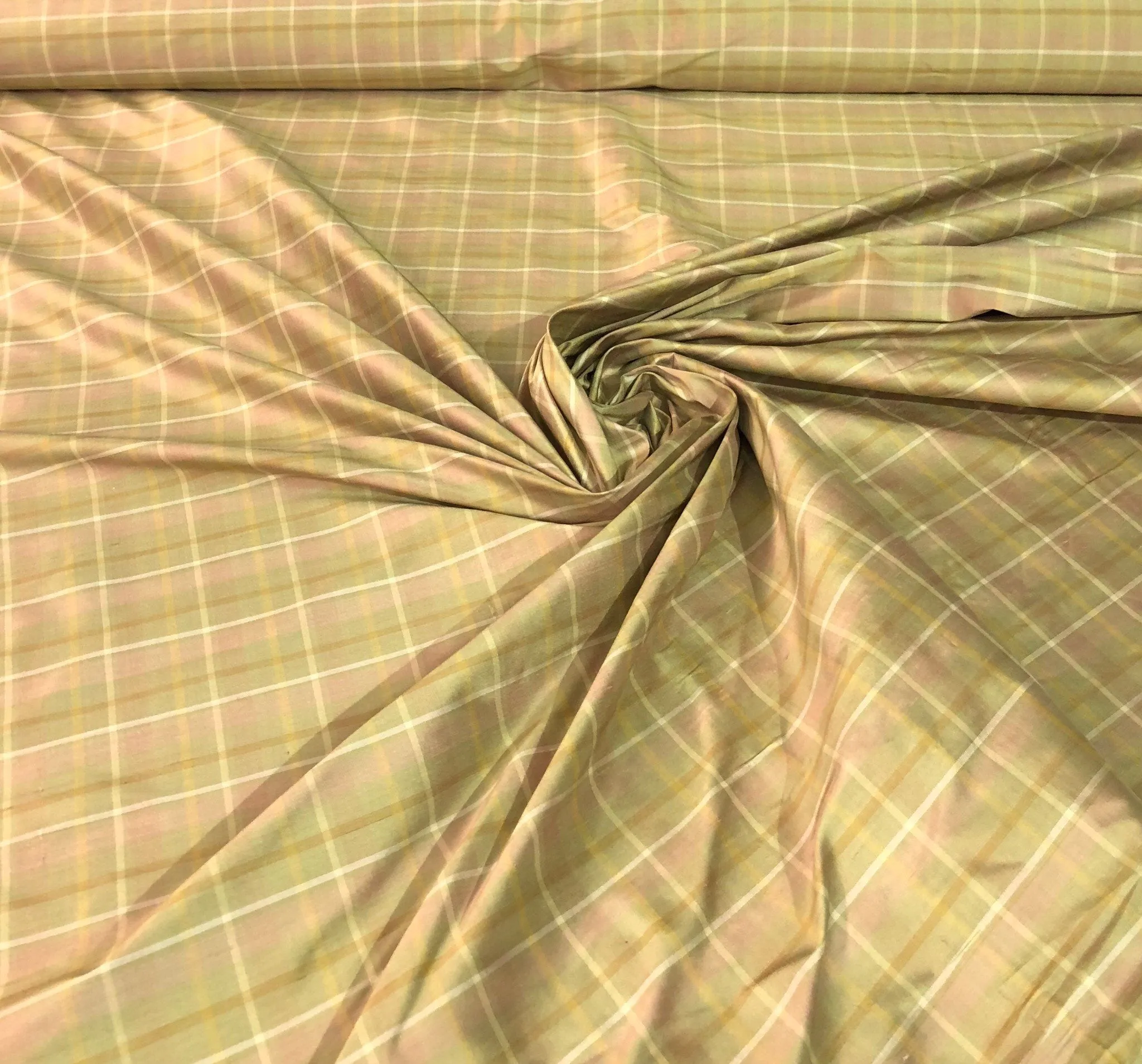 Silk shantung plaid 54&quot; wide   Beautiful tan pink shades     Fabric sold by the yard