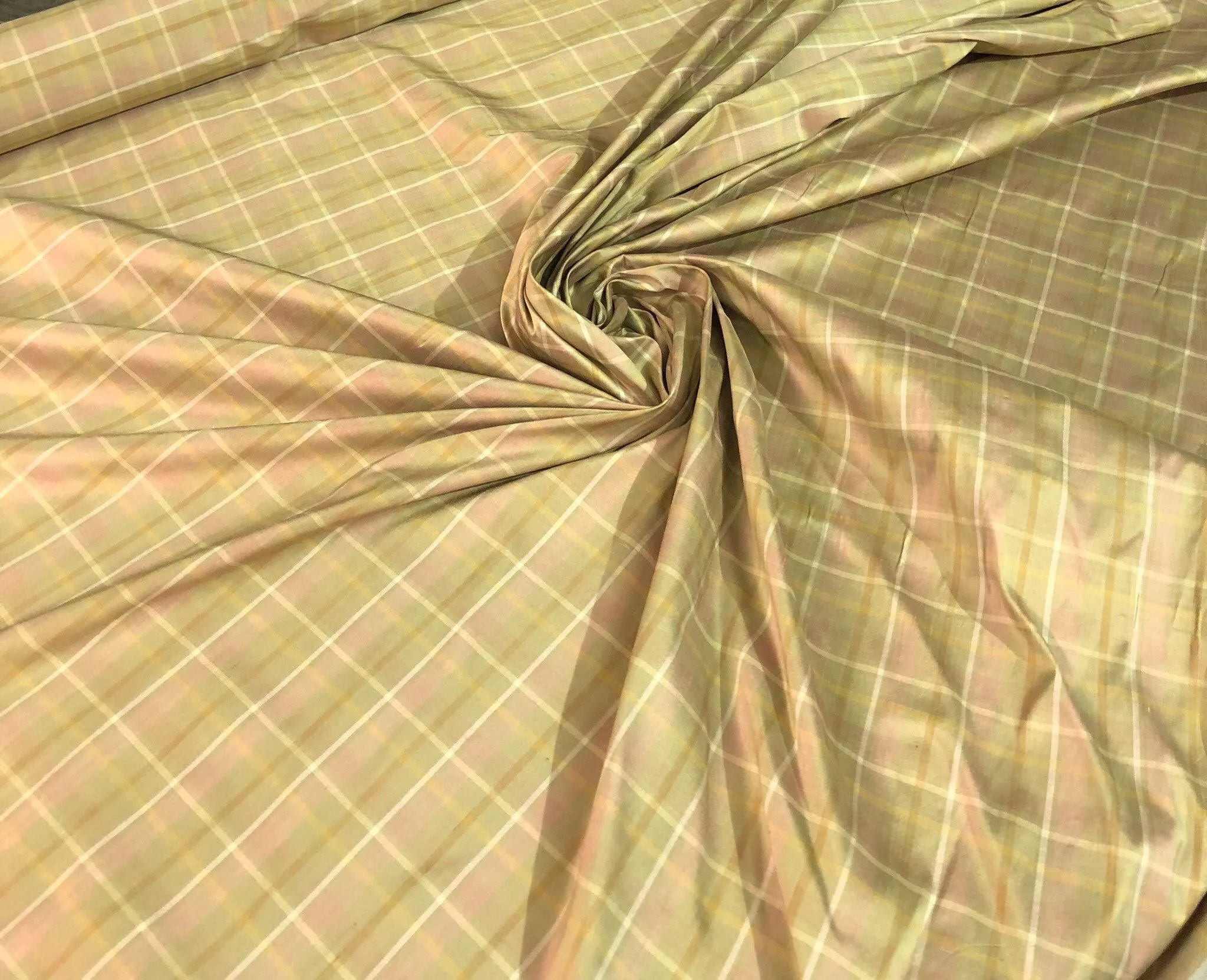 Silk shantung plaid 54&quot; wide   Beautiful tan pink shades     Fabric sold by the yard