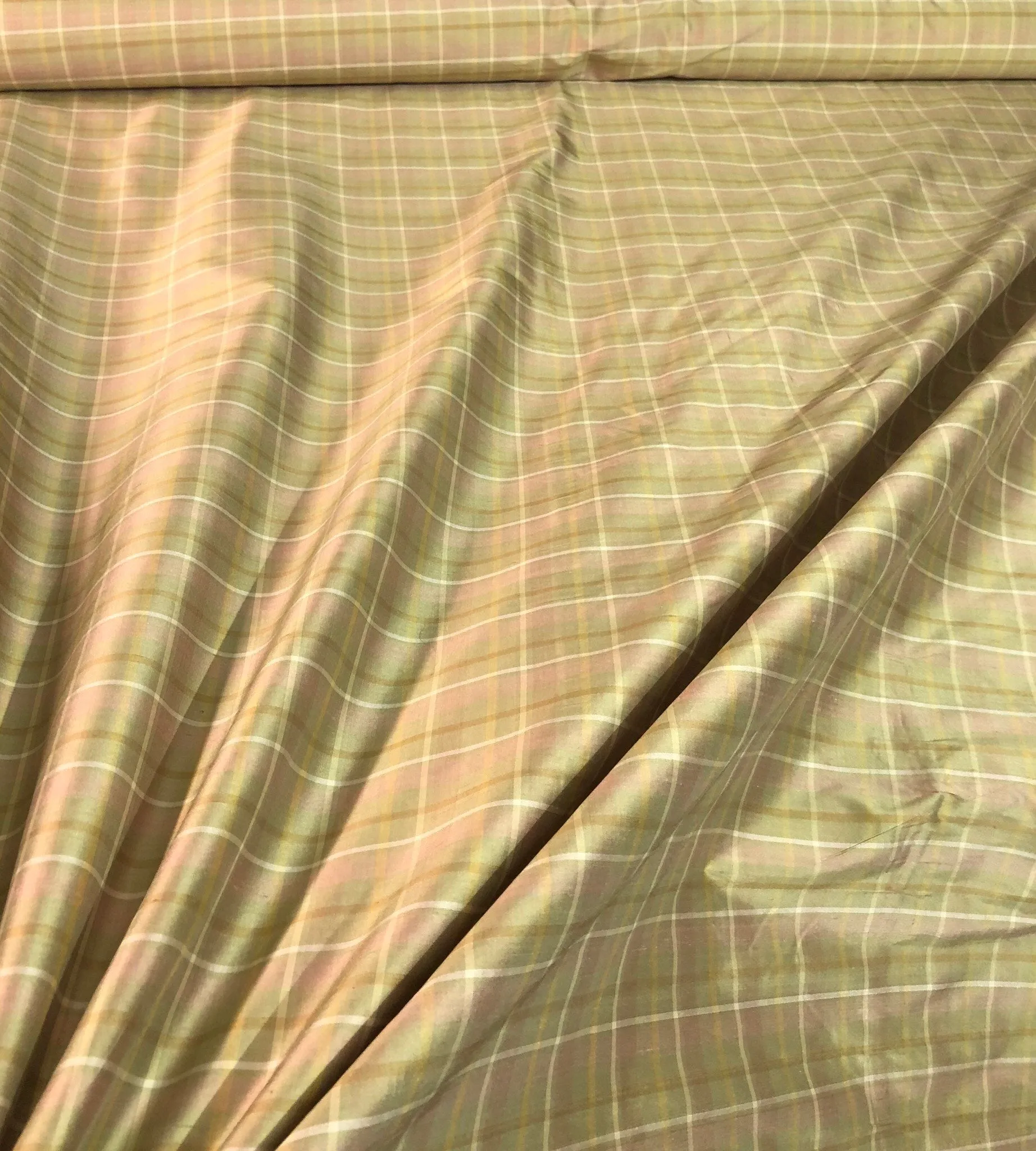 Silk shantung plaid 54&quot; wide   Beautiful tan pink shades     Fabric sold by the yard