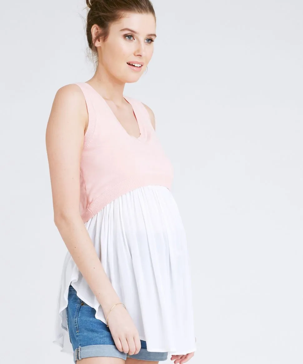 Sleeveless Babydoll Nursing Knit in Pop Pink/White
